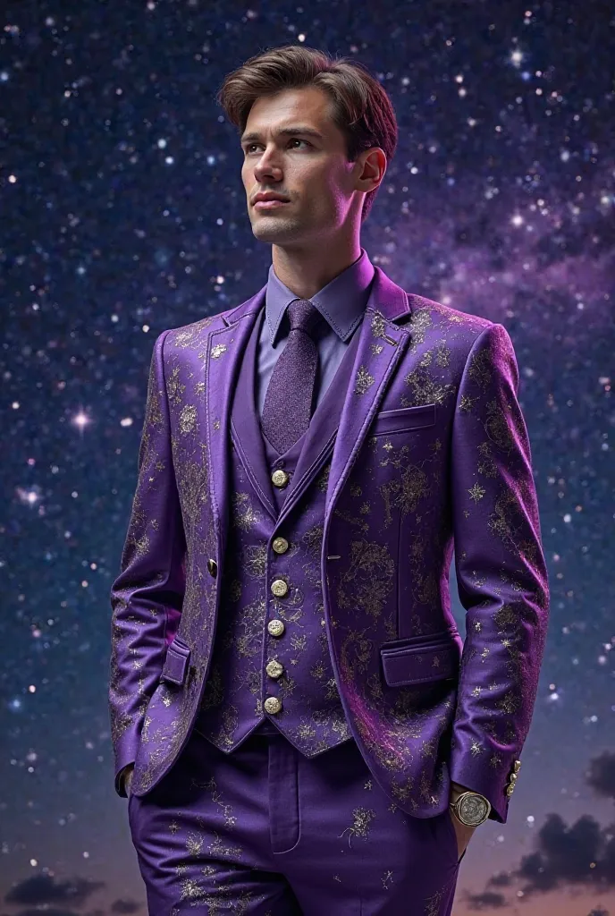 make a violet men's suit with the theme celestial bodies