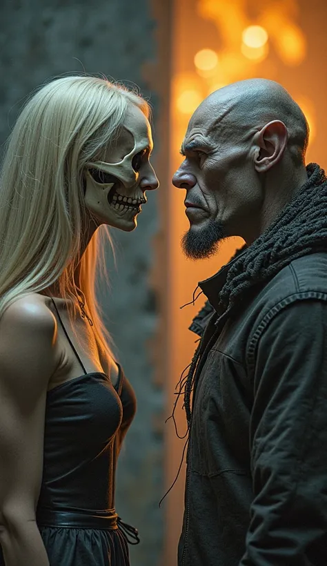 "Left, a woman represented by a skull,  with blond hair, looking 35 years old , extremely thin.  Right , a tall, thin man, with goatee, represented as an extremely ugly orc in the style of the 'Lord of the Rings'. Both face each other intensely , symbolizi...