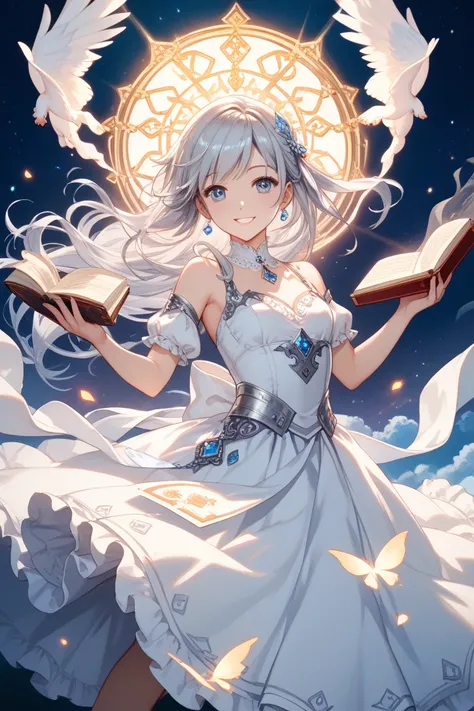  white clothes、 Silver Hair、Spirit、 Frankfurt Sausage、game book、Young girl、Sorcery、TRPG 、 sounds fun、innocent smile、 skirt spreads 、 Fantastic、Floating