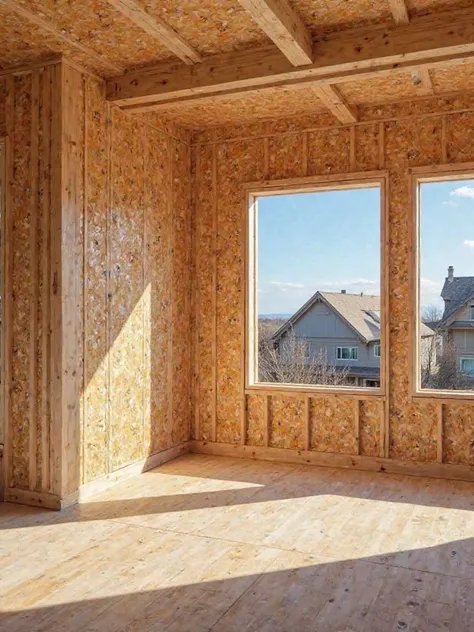 A construction site for a prefab house with SIP panels, showing OSB wood walls with insulation inside.  The scene is illuminated by natural light , with a blue sky background and some houses in the distance. Construction is in an early stage, with window o...