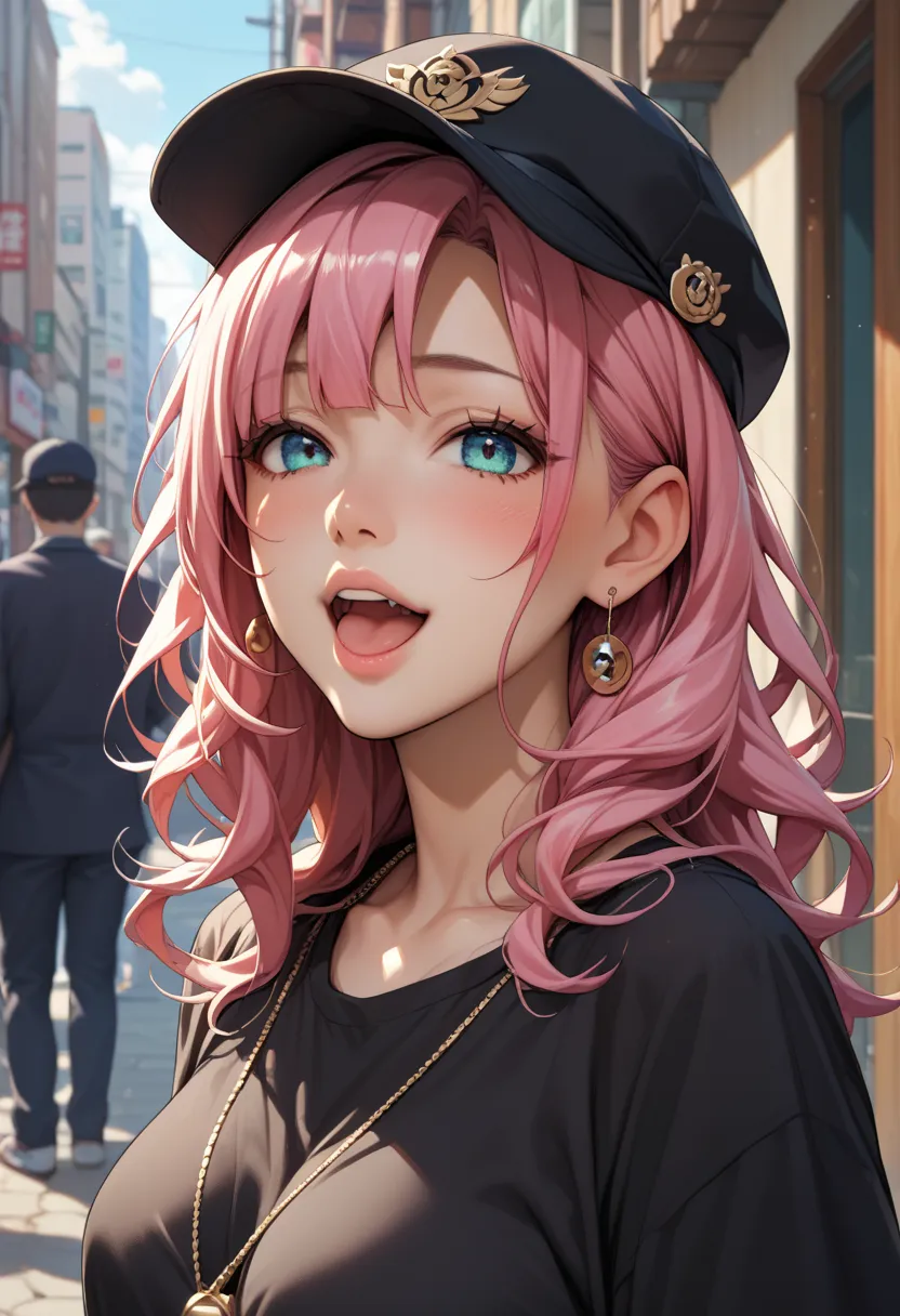  score_9,  score_8_up,  score_7_up,  score_6_up,  score_5_up,  score_4_up,  source_animation, tag1,  tag2,   high quality images, 18 years old,  pink hair short,opens her mouth, wearing a black hat,black shirt,Japanese_anime,恥ずかしがる