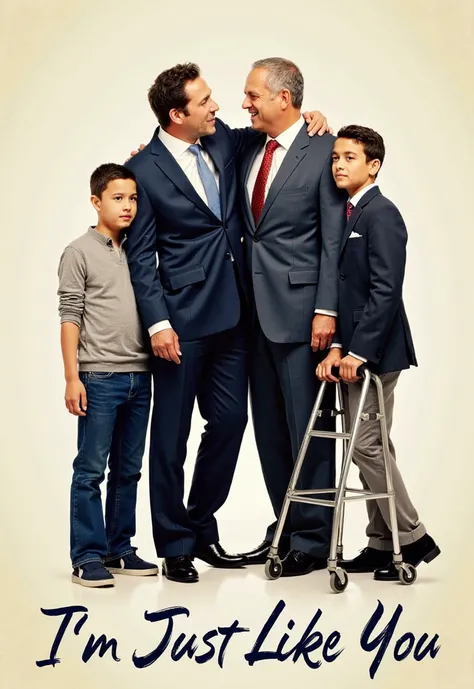 Brazilian movie poster for the movie I'm Just Like You With two men hugging each other in suits, a young man and a boy with a disabled walker write the title of the movie on the cover 