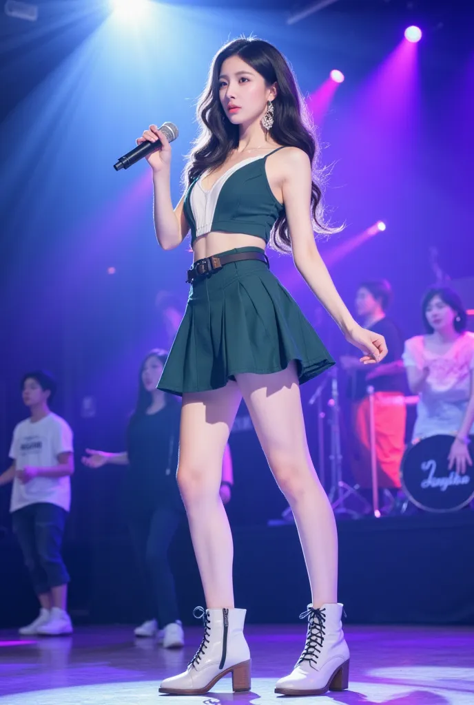 Asian girl group singer, stunningly beautiful with fair skin, a well-proportioned figure, and a voluptuous silhouette. She wears a stylish schoolgirl-inspired outfit featuring a spaghetti strap top, a cropped waistcoat, and trendy fashion boots. Holding a ...