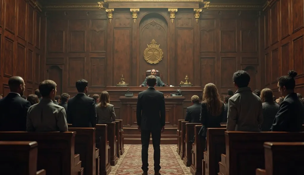 Everyone in the court is silently watching a man standing in the bowl in front of the judge