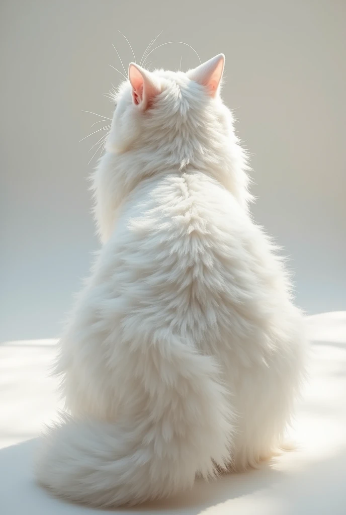 Snow-white adult fluffy cat. back view