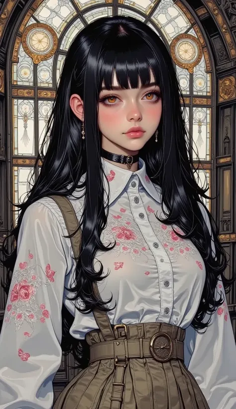 Young woman with detailed red eyes,  long black hair, detailed face, white cameltoe, in the background draws a stained glass window with geometric shapes, Cartoon,  manga style, masterpiece,  ultra detailed,