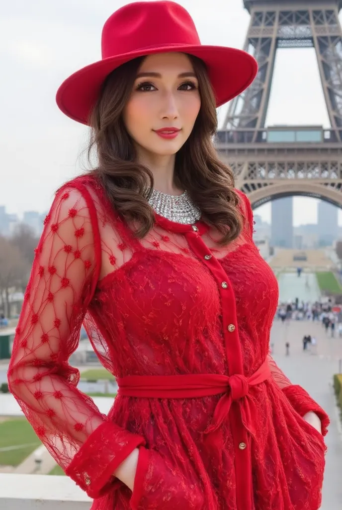 Korean model woman with very long brown hair and large vertical curls, is wearing a red winter sheer coat and a large brimmed hat from Chanel, wearing a 1 carat diamond necklace, A woman with a bewitching smile looking straight into the camera, The backgro...