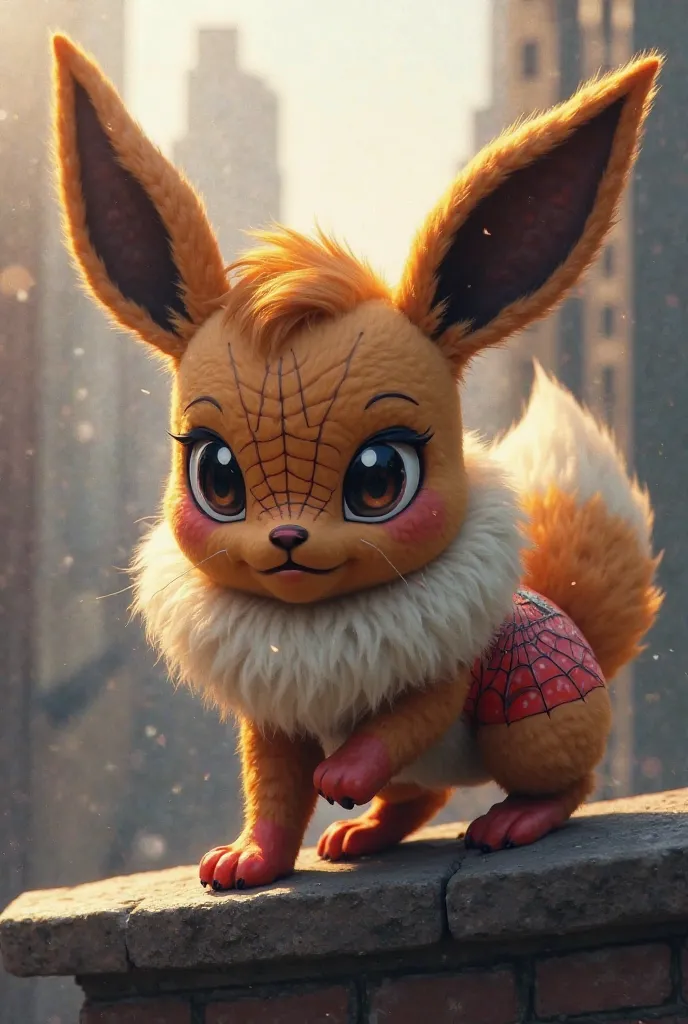 "A realistic hybrid creature combining Eevee from Pokémon and Spider-Man. The character has Eevee's fluffy fur, large ears, and bushy tail, but wears a Spider-Man-inspired suit with web patterns. Its eyes are large and expressive, resembling Spider-Man’s m...