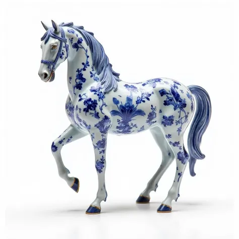 Porcelain horse with navy Toile Bouje Chinoiserie print,  isolated on a white background