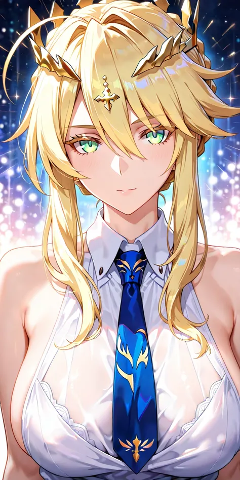 Masterpiece, very aesthetic, vibrant, high contrast, elegant mature woman, artoria pendragon (lancer), upper body, tie, sleeveless collared shirt, side boobs, honkai: star rail cg style