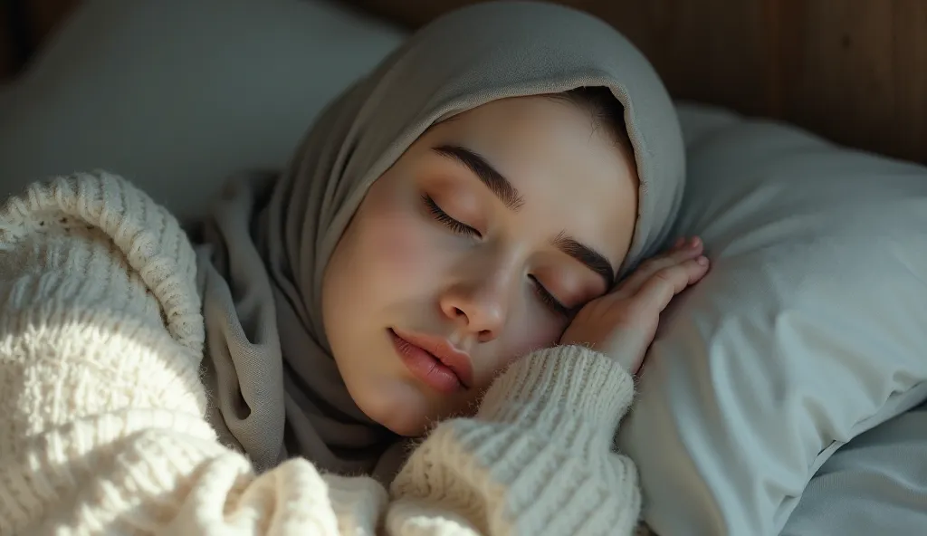 Create a hyper realistic image of Woman in hijab layin on bed with open eyes her age is 24