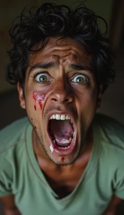 "A person eating raw cassava with a panicked expression, mouth foaming, eyes wide with fear, symbolizing cyanide poisoning."