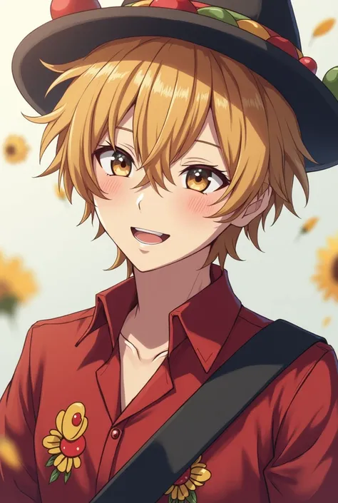 A male man with blond brown hair smiling at the top of his mouth in a clown hat, with a black diplomat on a shoulder strap, in a red shirt with flowers, against a background without extreme wastelands,  Anime style 