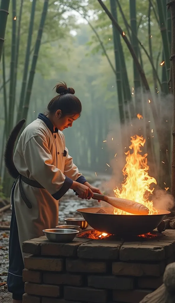 Two ( 2 )   very cute cat's tail 、 hairy black and white color   ,  、 furry colored olens  ,  cute face , とても cute face,   cooking a big sea bream  ,   using a very large kwari on a brick stove , There's a big flame burning right in front of me  ,   and I'...