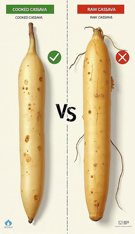 A warning infographic-style image showing a 'safe to eat' cooked cassava on one side and a 'dangerous' raw cassava on the other, with red and green indicators."

