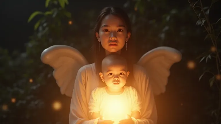 Baby boy shines bright, In the midst of darkness, Beautiful woman behind baby like angel has wings, 4K, 8k, HD, realistic, professional photograph,  Indonesian face  