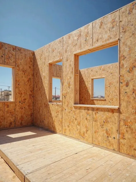 A construction site for a prefab house with SIP panels, showing OSB wood walls with insulation inside.  The scene is illuminated by natural light ,  against a background of blue sky . Construction is in an early stage, It can be seen that some walls are no...