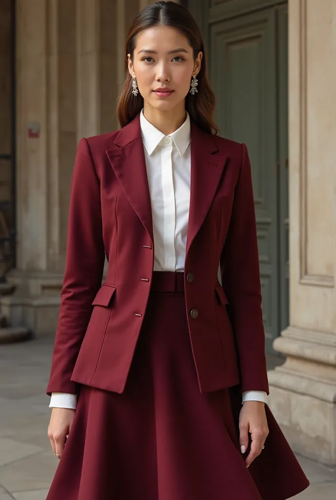 A short burgundy blazer with a white shirt underneath it and a burgundy cloche skirt