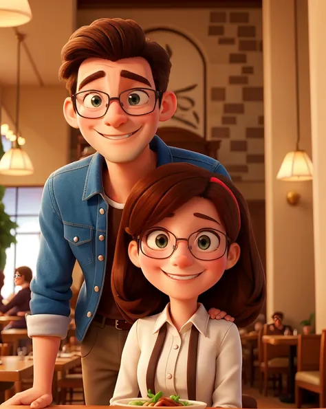 Disney Style Couple With Glasses Smiling In Restaurant.