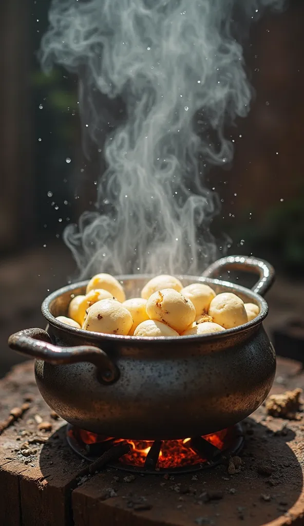 A steaming pot filled with peeled cassava roots, with water visibly bubbling, symbolizing detoxification through cooking