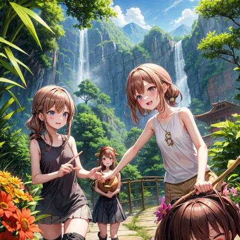 pink brown brown gold hair、 eye、  Has hair tied  、Two cute people、 Check Mini Skirt、  black t-shirt、 Light clothing、 tank top、 camisole、high socks、 Boots、 teeth inside、  The Road Is Crooked 、Mountain々、Stick together  、 bamboo forest、 chest pocket  、rock sa...