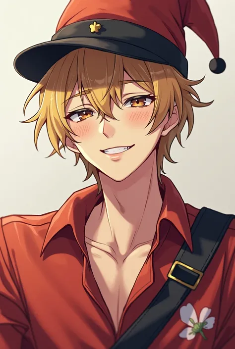 A male man with blond brown hair smiling at the top of his mouth in a clown hat, with a black diplomat on a shoulder strap, in a red shirt with flowers,  Hair is slightly ruffled , against a background without extreme wastelands,  Anime style 