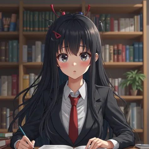 1 girl,  black hair,  long hair, Library Background,   anime style, studying,in a suit,serious face,textured skin, stupid hair, long lashes for muscular body,ribbons,  hairpins