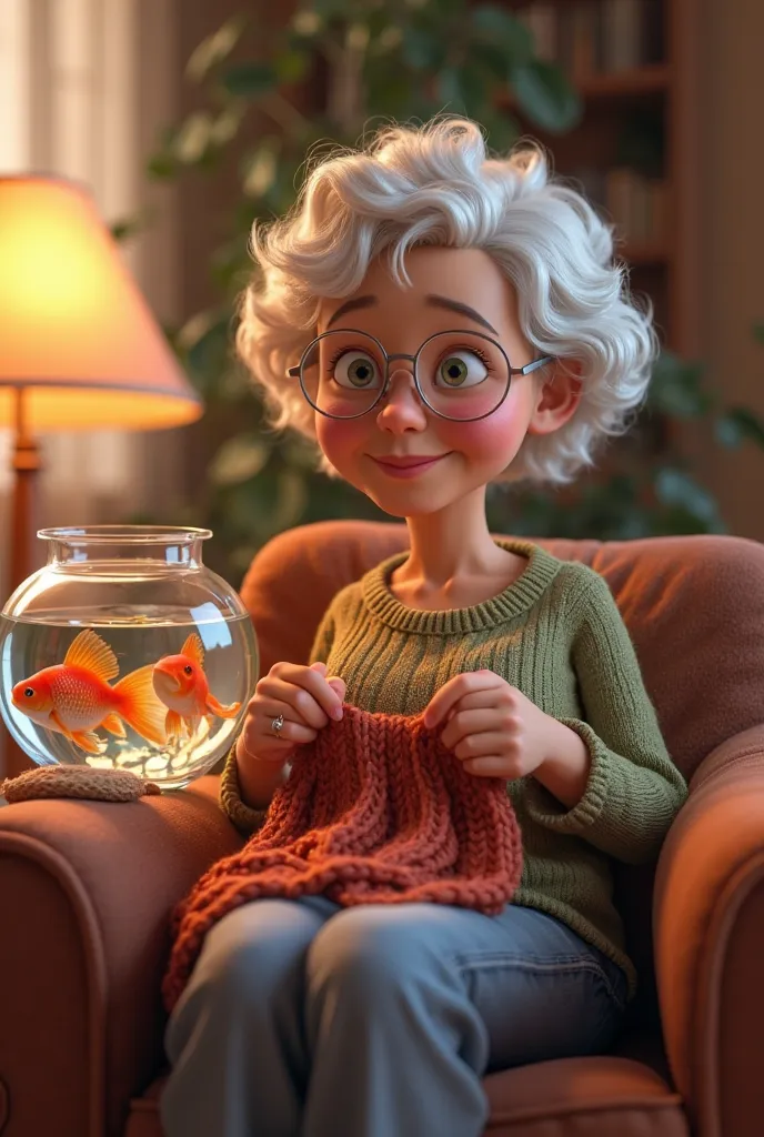 3d Pixar animation image, Grandma Lily, is 80 year old, with white curly hair, wearing round glasses. Grandma Lily sits on her couch, knitting peacefully with a soft smile on her face. Her glasses rest slightly down on her nose as she focuses on her work. ...