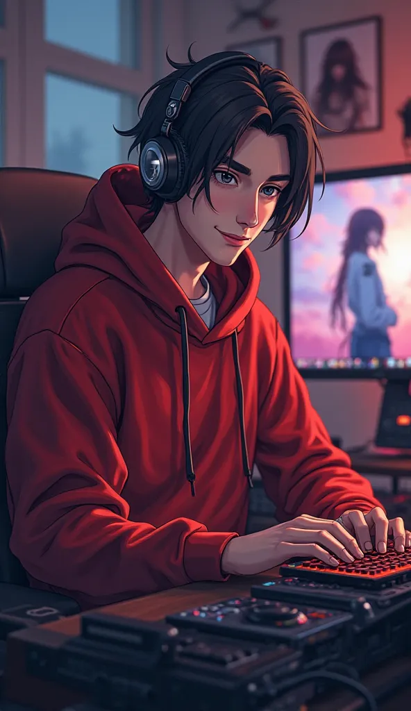 Create a anime boy who have a  mature looking like a man facing in front  he is a  YouTube content creator, sitting in his studio with futuristic gadgets, and there is mic near him ,wearing red hoodie, smiling, and there is 2 posters of FF pic in his room"...