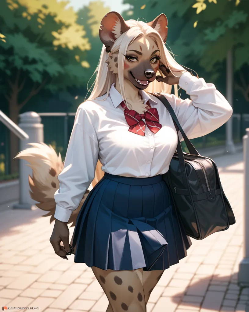 furry hyena , futanari girl , beautiful long hair , school uniform , middle skirt , (erection penis under the skirt:0.5) , (Skirt swells)