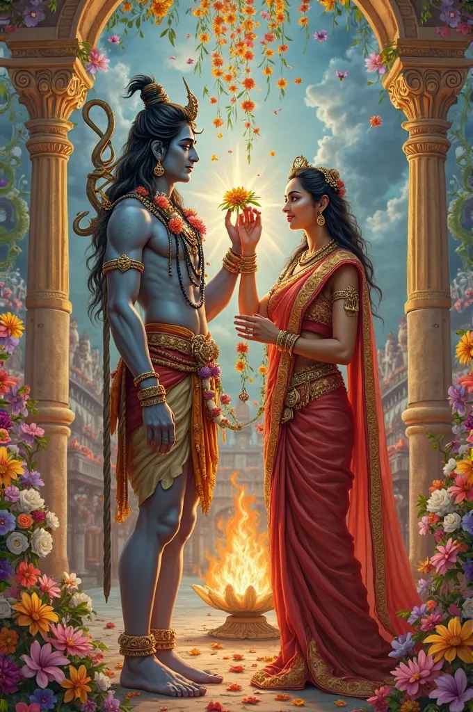 Create an image of Lord Shiva and Goddess Parvati at the moment of their divine wedding. Lord Shiva, with his majestic appearance—adorned in tiger skin, serpents coiling around his neck, and the crescent moon on his matted locks—stands with a serene yet po...