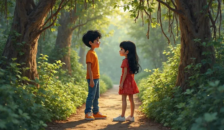 "A narrow dirt path covered with overgrown bushes and hanging branches leads deeper into the forest. A young girl talking to her brother." The young boy Aryan wearing orange tshirt and jeans and light orange sneakers and have black hair. Meera the young gi...