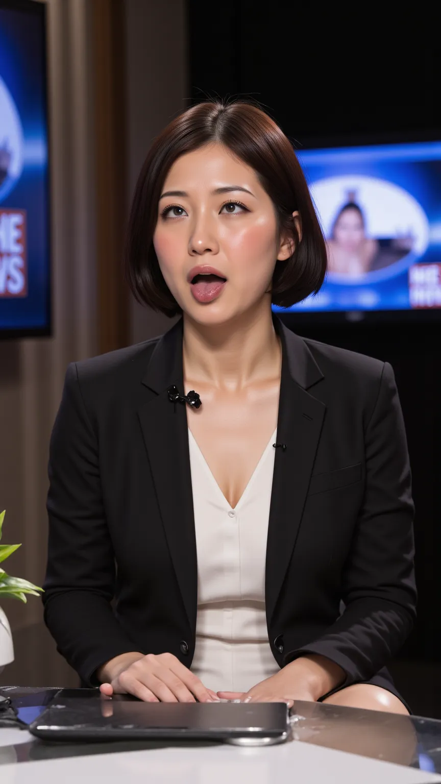 Beautiful Japanese 50 year old woman with medium dark hair, Short cut mature woman 、outside the screen. she's wearing a sophisticated blazer, a modern microphone placed near her. The background is sophisticated,  dark, dark aesthetic. The name of the 'News...