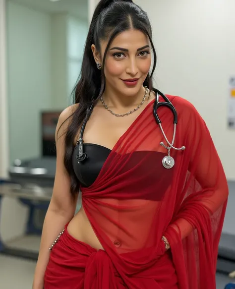 Close up photo of 30 years old busty a in hospital, hourglass figure, swooping breasts, deep cleavage, curvy, wearing stethoscope , red sleveless saree and black,midriff is visible showing her abs, seductive eyes, sultry, look at viewer lusciously, subtle ...