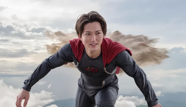 handsome Japanese man, flying in the sky, high resolution, sharp face, wearing Superman outfit, realistic image, cinematic, dynamic