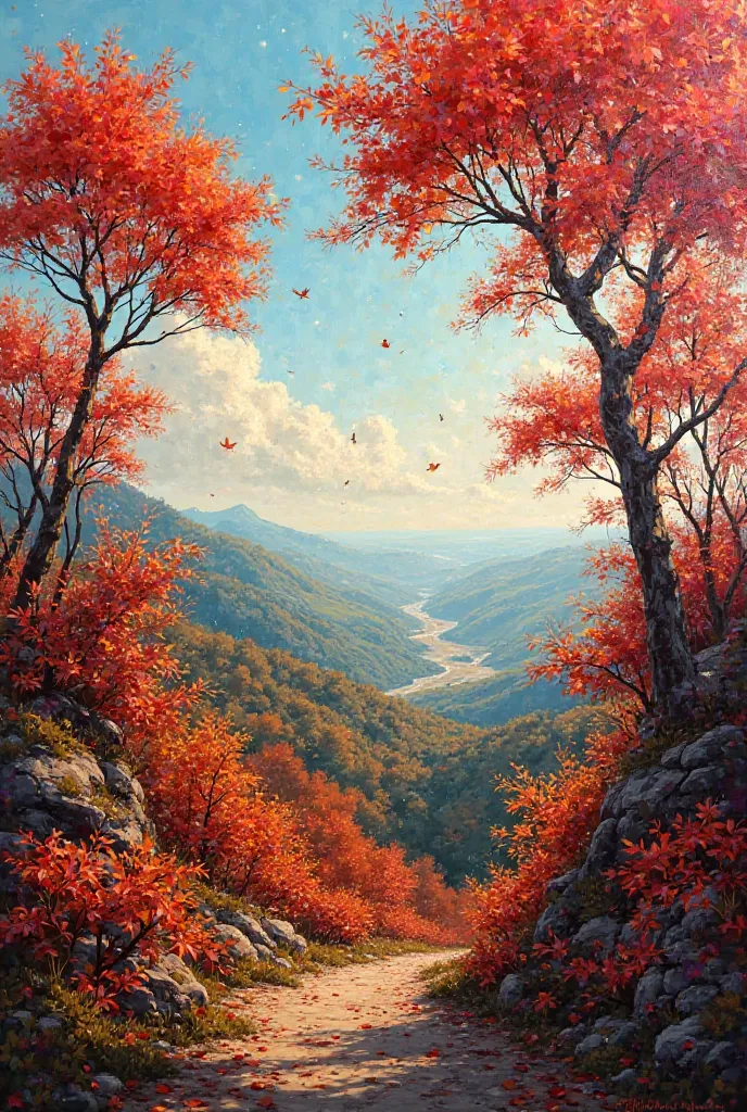  draw me a red oil painting about nature