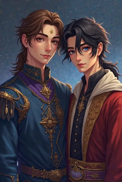 Generate a picture of two brothers. One should have the warm colors and a princely regal smile and face with regal clothes and a sun mark on his head, he should have hazel eyes.his hair should be brown and a bit long and wavy with a half pony hairstyle. Th...