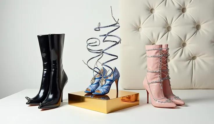 The image features three pairs of uniquely designed high-fashion shoes, each with a distinct artistic and avant-garde style.

Prompt:

"A set of three stylish and artistic high-fashion shoes displayed against a clean, minimal background. The first pair on ...