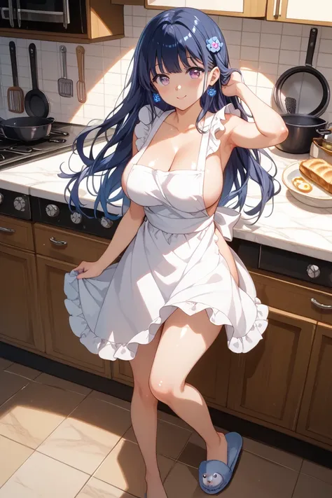 perfect lighting、Glossy Skin、(  one girl、  beauty、 Big Breasts)(  White Shiny Skin 、 naked apron、slippers bright reddish purple eyes、cute eyes、Blue hair ornament、、blue earring、   black hair、  long hair、 Hair is shiny  )、( kitchenで料理を作っている)( frying pan、Stov...