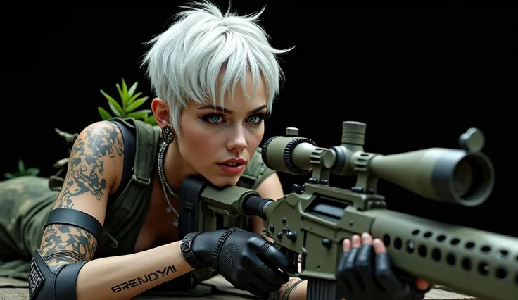 High quality image, full image lying down, 8k, 4k, ray tracing, of a beautiful woman, dystopian futuristic mercenary, wears camo combat suite, sniper camouflage. Perfect and exotic face. White hair, very detailed short and straight, disheveled hair, huge a...