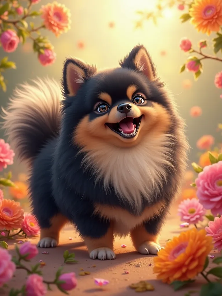 Laughing Black Tan Pomeranian
There are flowers all around
cute atmosphere