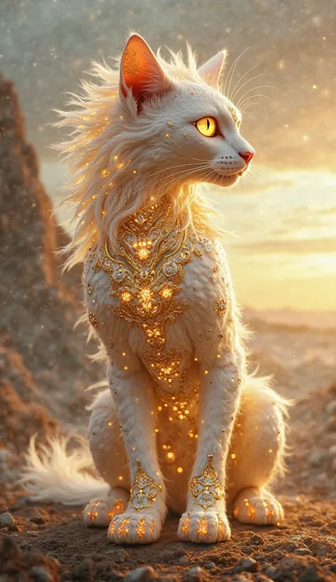 "An extraordinary hybrid creature that combines the powerful form of a cat with the shimmering beauty of pure white diamond. The cat’ muscular body is sculpted from radiant, polished white diamond, reflecting light with a brilliant glow. Its eyes gleam lik...