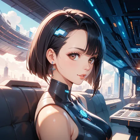 Cybernetic full-body mechanical design modeled after a beautiful 15-year-old Japanese woman。 futuristic cyberpunk atmosphere 。brown eyes、The wavy upstyled black hair is characteristic, and、Bright light illuminates the profile。A spaceship, earth, and galaxy...