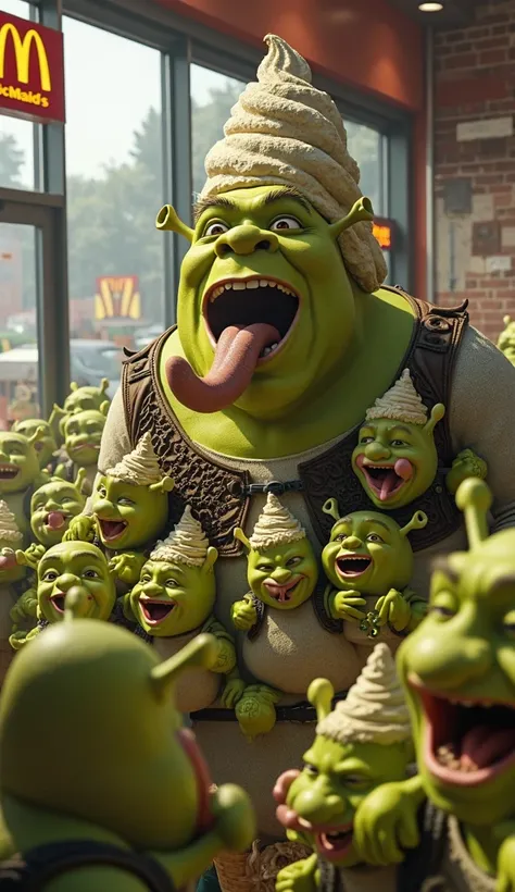 Inside a McDonald's restaurant, absolute chaos unfolds as 100,000 Shreks are crammed together, stacked on top of each other, all licking their oversized ice cream cones. The space is so overcrowded that some Shreks are climbing onto others just to find roo...