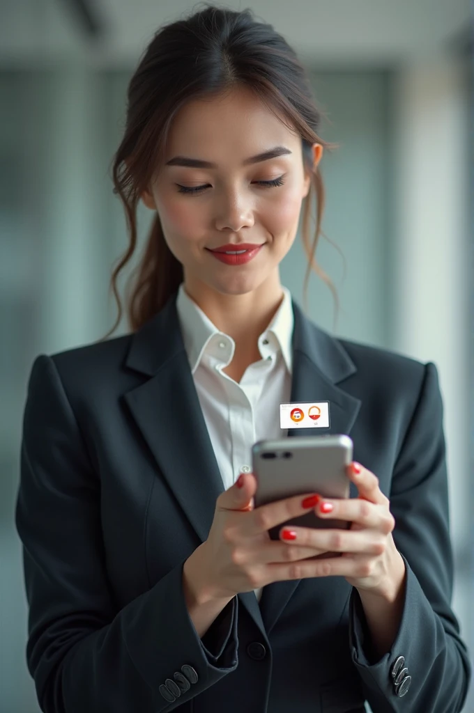 “A realistic image of a woman holding a smartphone, with a single Gmail email notification appearing on the screen. The background must be neutral and professional ,  without futuristic effects . The woman must have a confident expression and the image mus...