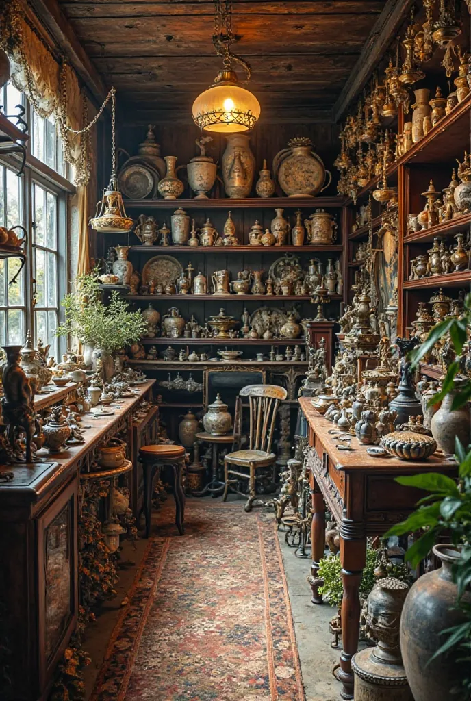 Photo inside an old antique shop with bronze statues, Longwy earthenware and lots of old objects