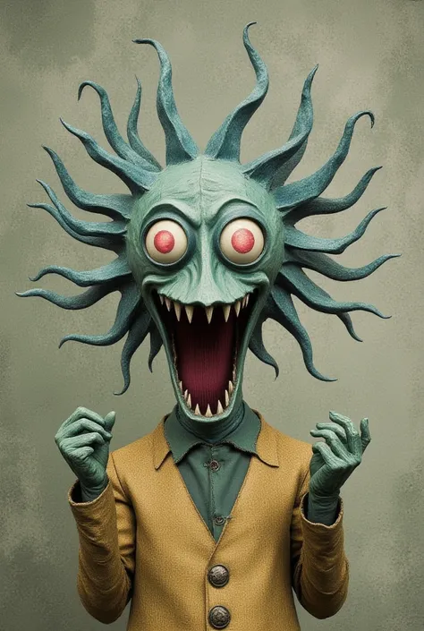 3D art look featuring a painting texture character of many hands in place of the head with lots of eyes, big mouth smile, blue head and body colors, red eyes and golden clothes, on japanese surrealism style.