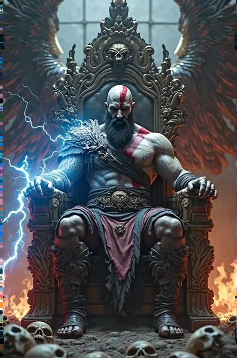 Kratos from God of War sitting on his throne at Game of Thrones with skulls on them. Blue lightning on his right forearm and flames on his left forearm. Giant Zephir on the right. Giant Anubis on the left. 