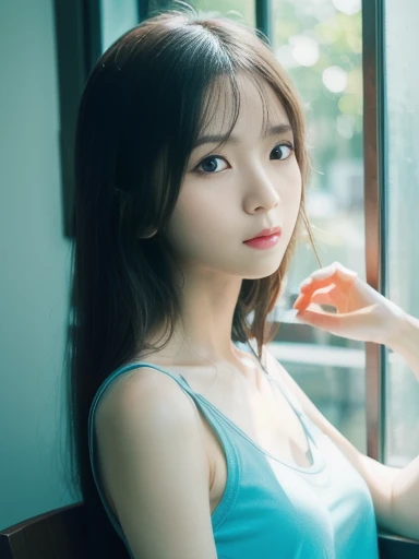 woman, resting chin on hand, looking outside, light blue tank top, by the window, shot from outside, ((masterpiece)), ((best quality)), (ultra-detailed), ((beautiful eyes)), Japanese female, (slender:1.3), ((30 years old)), beautiful,