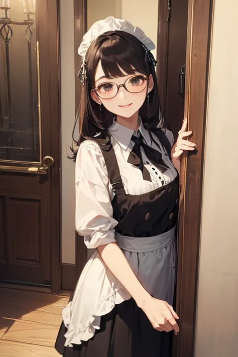 ((TOP QUALITY)), ((傑TOP QUALITY、masterpiece、High sensitivity、high definition、 detailed depiction of up to the front door、Delicate Face Depiction))Slender Woman、glasses、 waitress、smiles、Bring dynamite、
